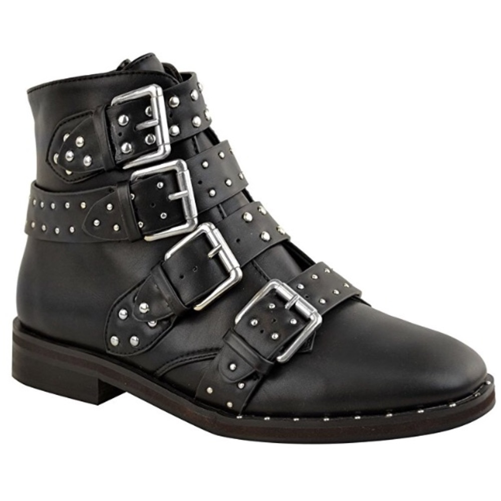 Womens Silver Studded Buckle Biker Ankle Boots